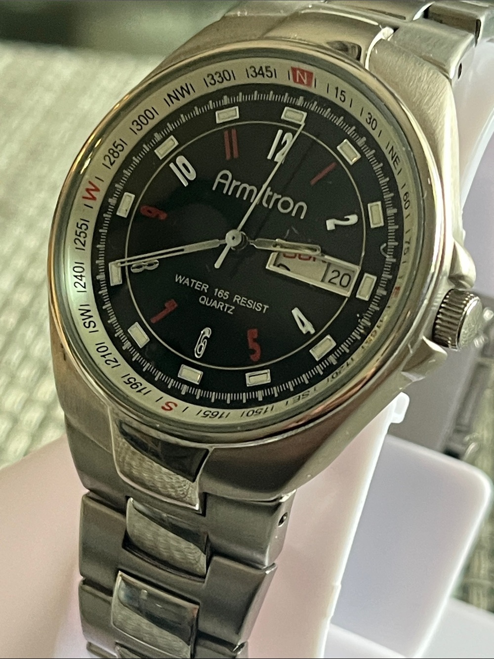 Armitron Silver Stainless Steel Watch with Black Dial and Red Accents